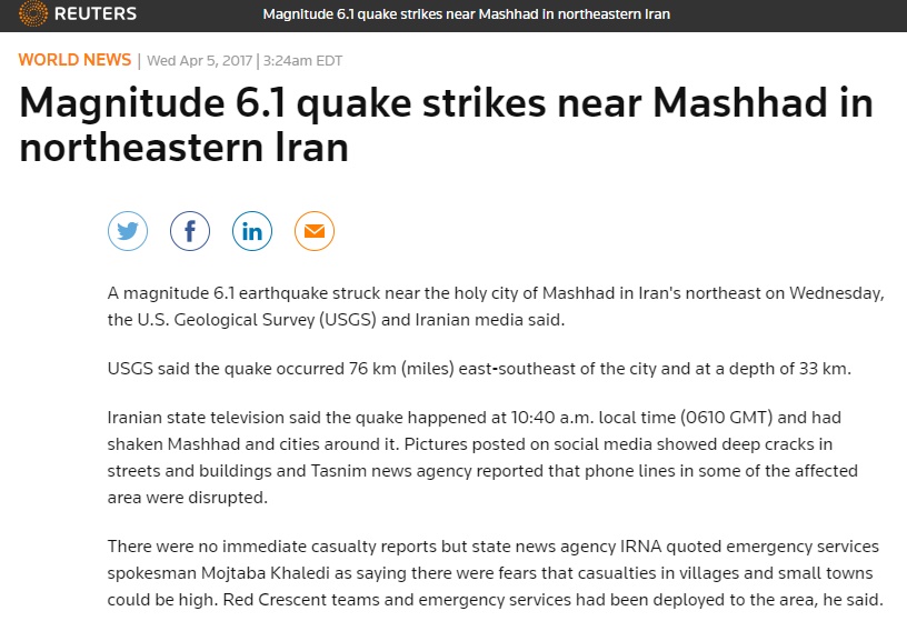 بازتاب زلزله ۶ ریشتری مشهد در خبرگزاری رویترز +عکس